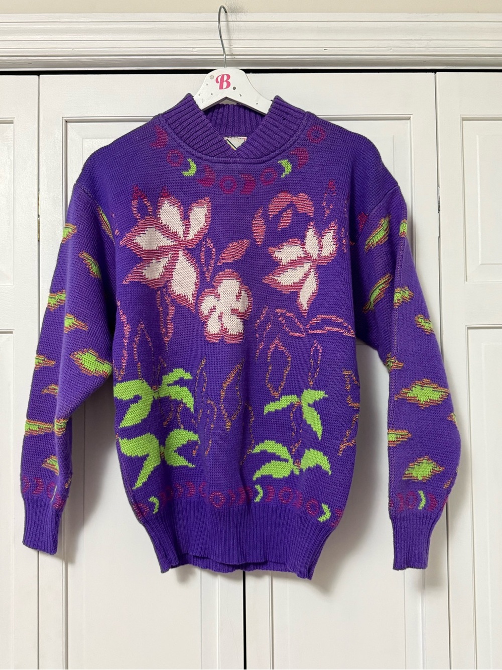 Vintage 80s-90s Sun Valley Purple Thick Sweater Floral Grandmacore Wool Small